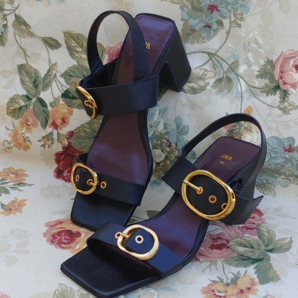 Zara Women's Black and Gold Tone Block Heel Dress Sandals Size EU 40 US 9 - Picture 1 of 17
